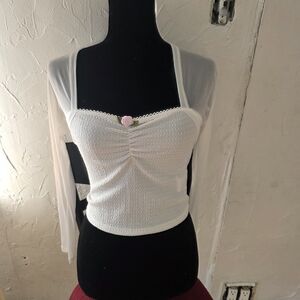 SHEIN White Ruched Crop Top with Sheer Sleeves